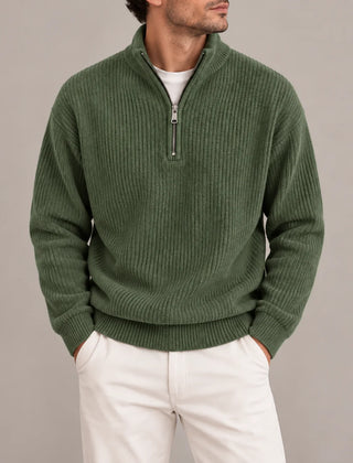 Corduroy Quarter-Zip Jumper – Olive Green