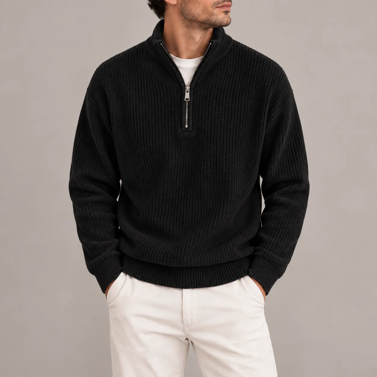 Corduroy Quarter-Zip Jumper – Black