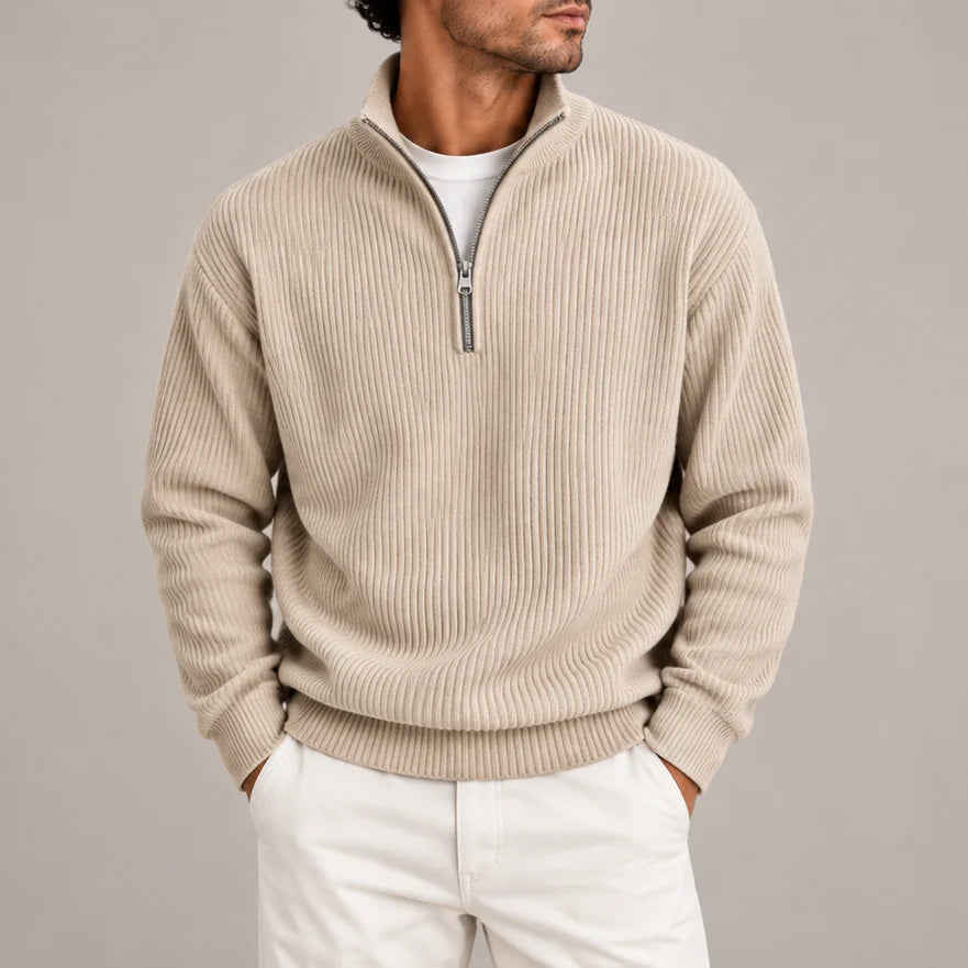 Corduroy Quarter-Zip Jumper – Beige