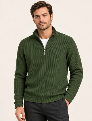 Fine Rib Quarter Zip Jumper – Olive Green