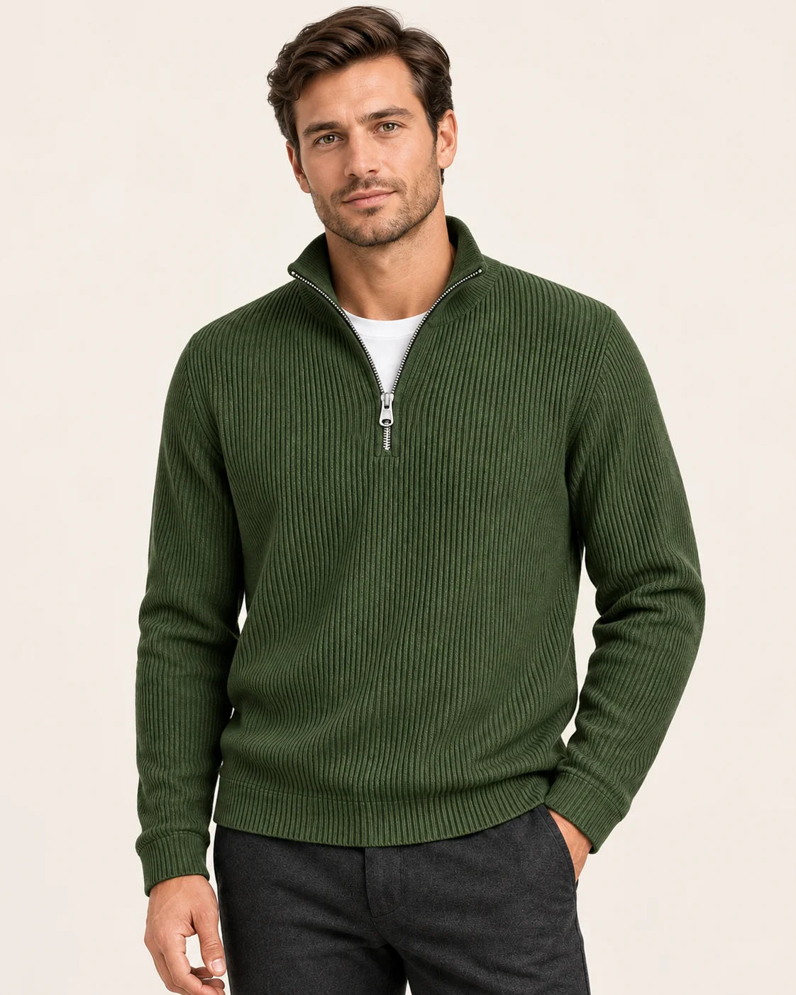 Fine Rib Quarter Zip Jumper – Olive Green