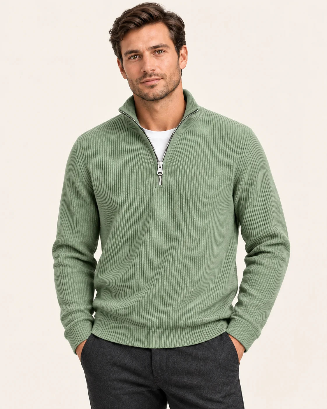 Fine Rib Quarter Zip Jumper – Sage Green