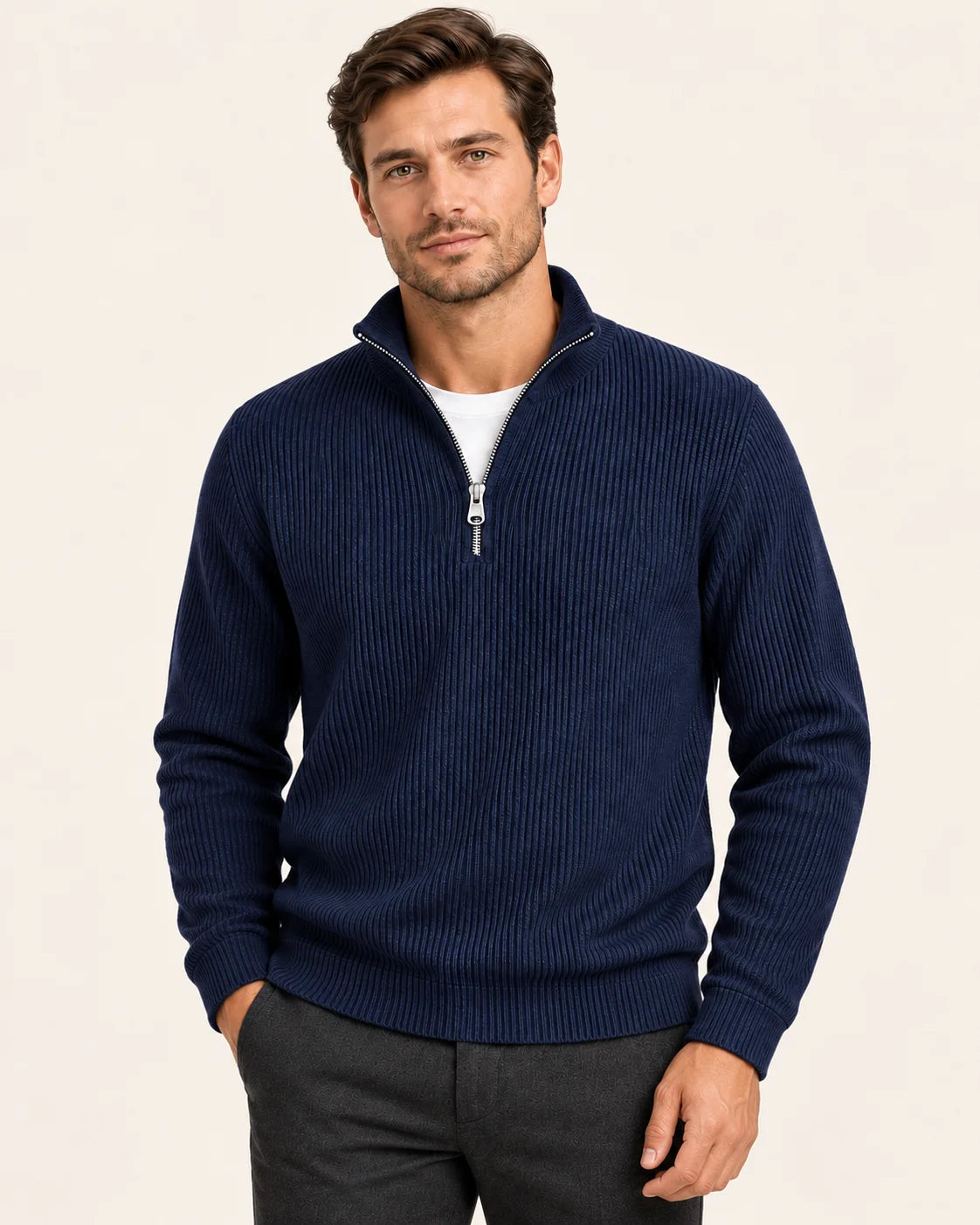 Fine Rib Quarter Zip Jumper – Navy