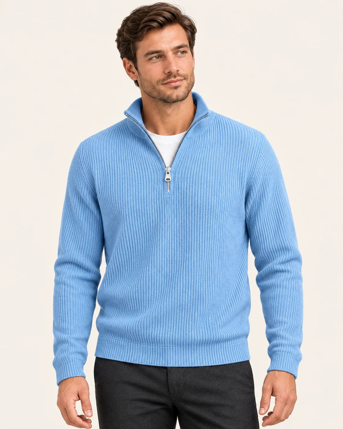Fine Rib Quarter Zip Jumper – Baby Blue