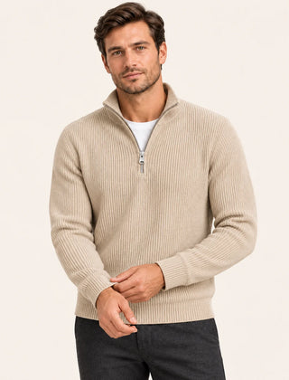 Fine Rib Quarter Zip Jumper – Beige