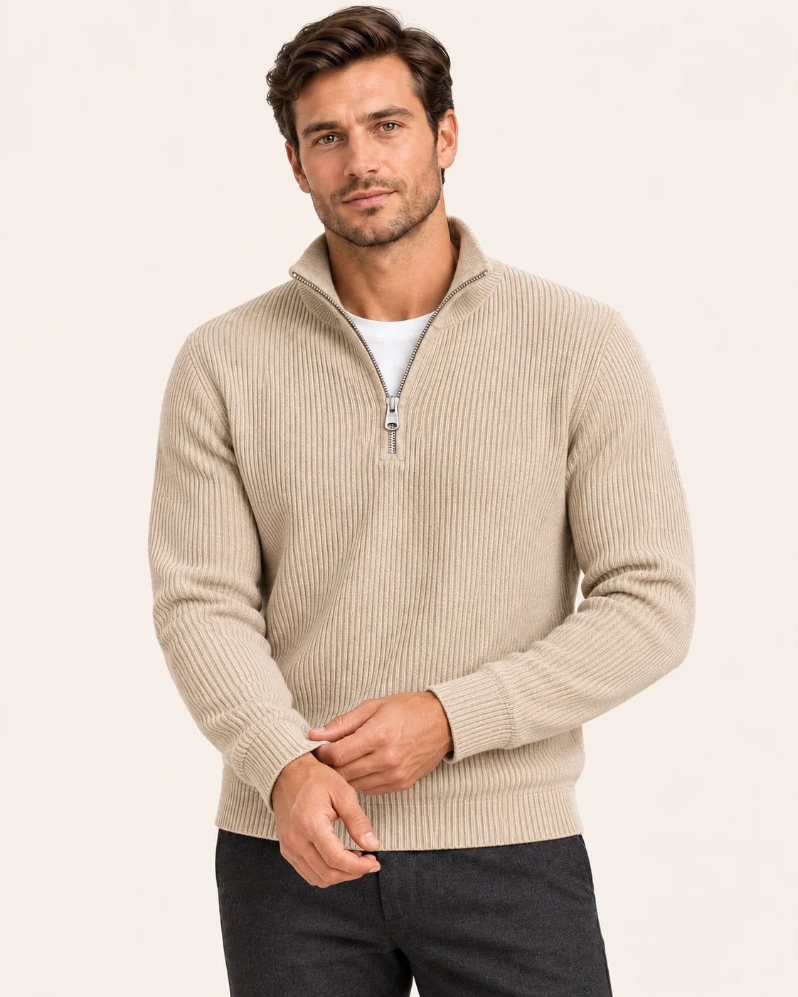Fine Rib Quarter Zip Jumper – Beige