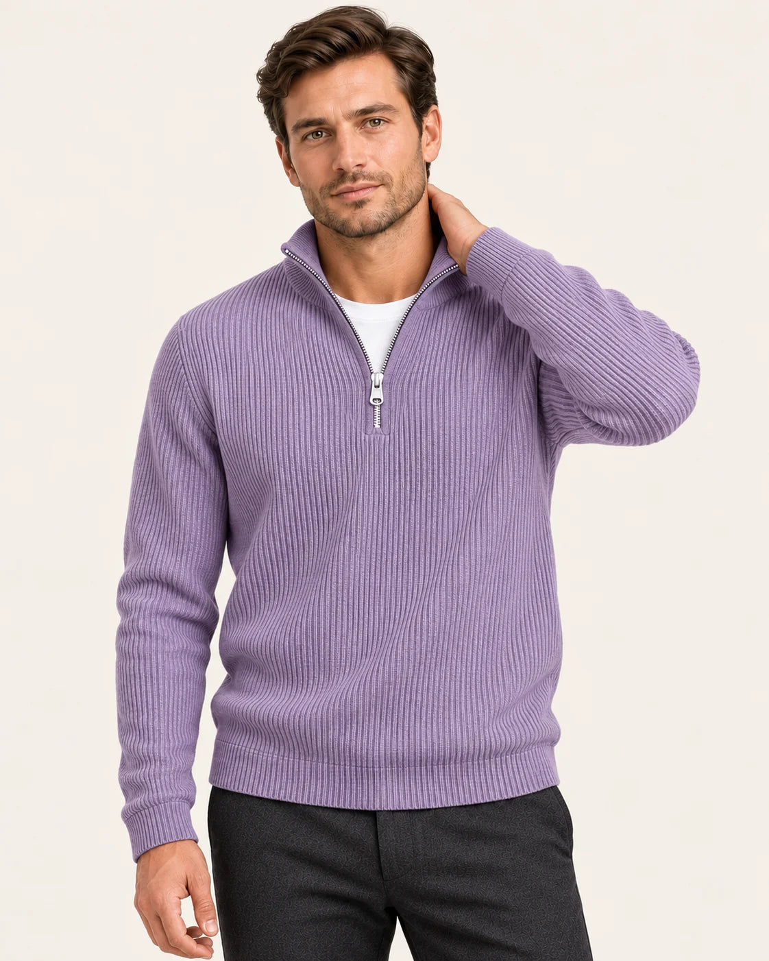 Fine Rib Quarter Zip Jumper – Lilac