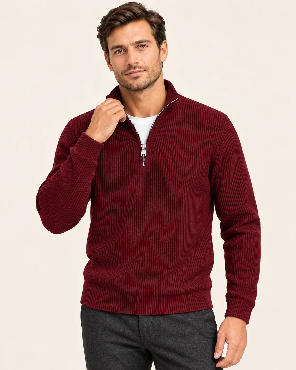 Fine Rib Quarter Zip Jumper – Burgundy