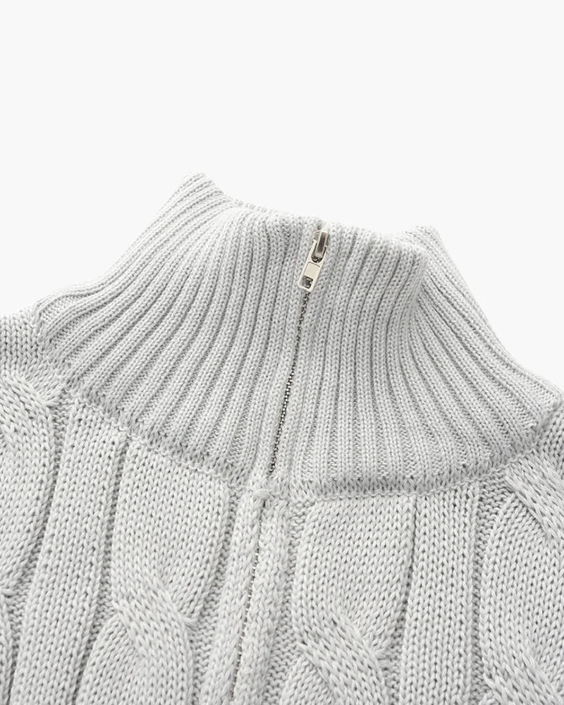 Cable Knit Half-Zip Jumper – Light Grey, collar detail