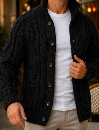 Cable Knit Button Cardigan – Black