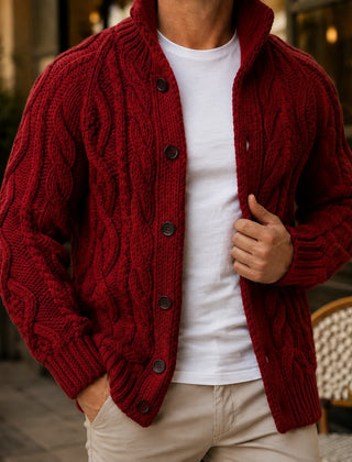 Cable Knit Button Cardigan – Burgundy