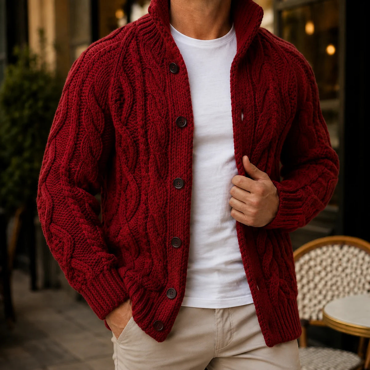 Cable Knit Button Cardigan – Burgundy