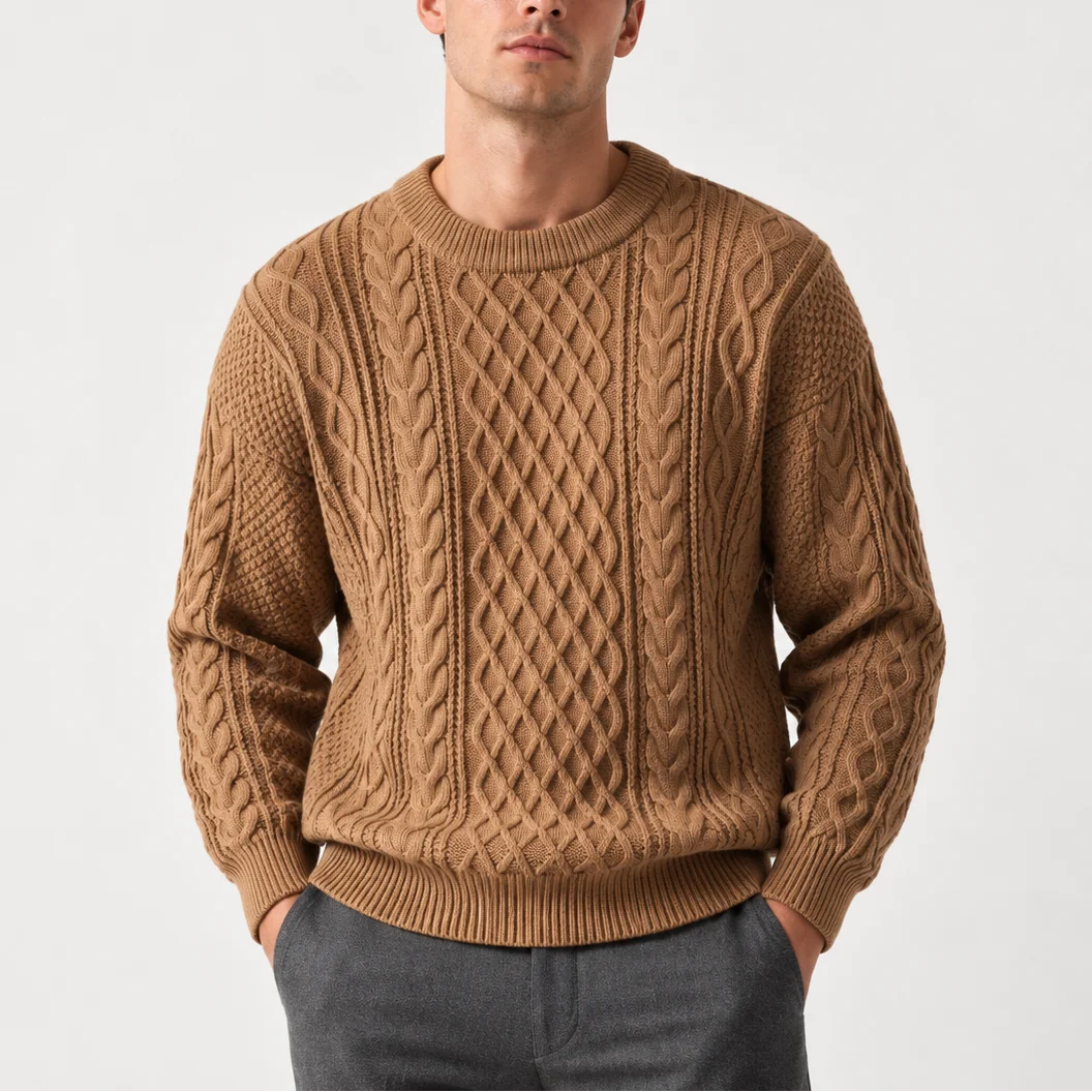 Cable Knit Crew Neck Jumper – Camel
