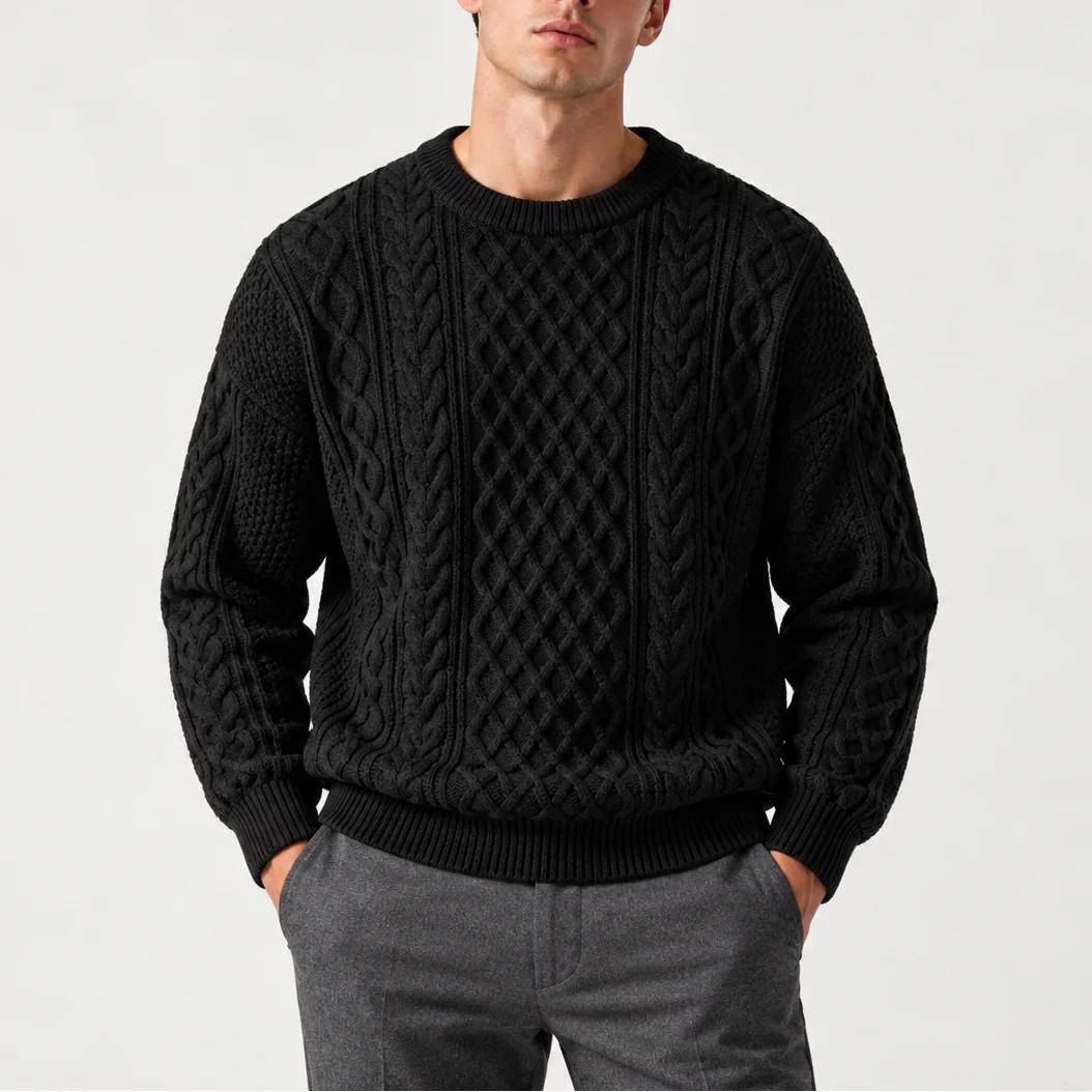 Cable Knit Crew Neck Jumper – Black