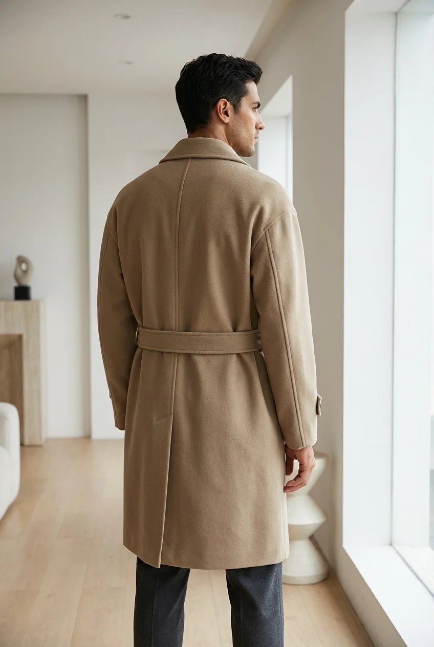 Belted Wool-Look Overcoat – Camel, back view