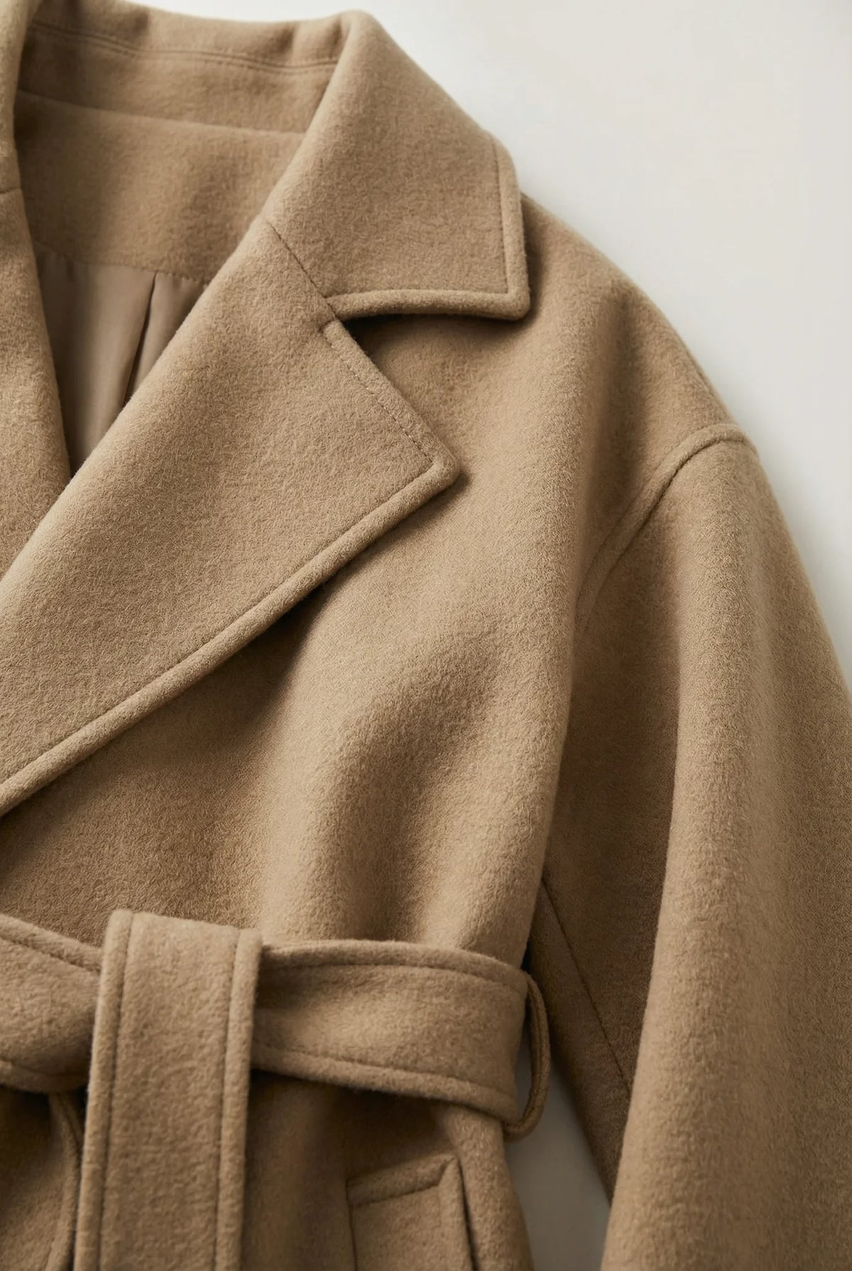 Belted Wool-Look Overcoat – Camel, collar detail
