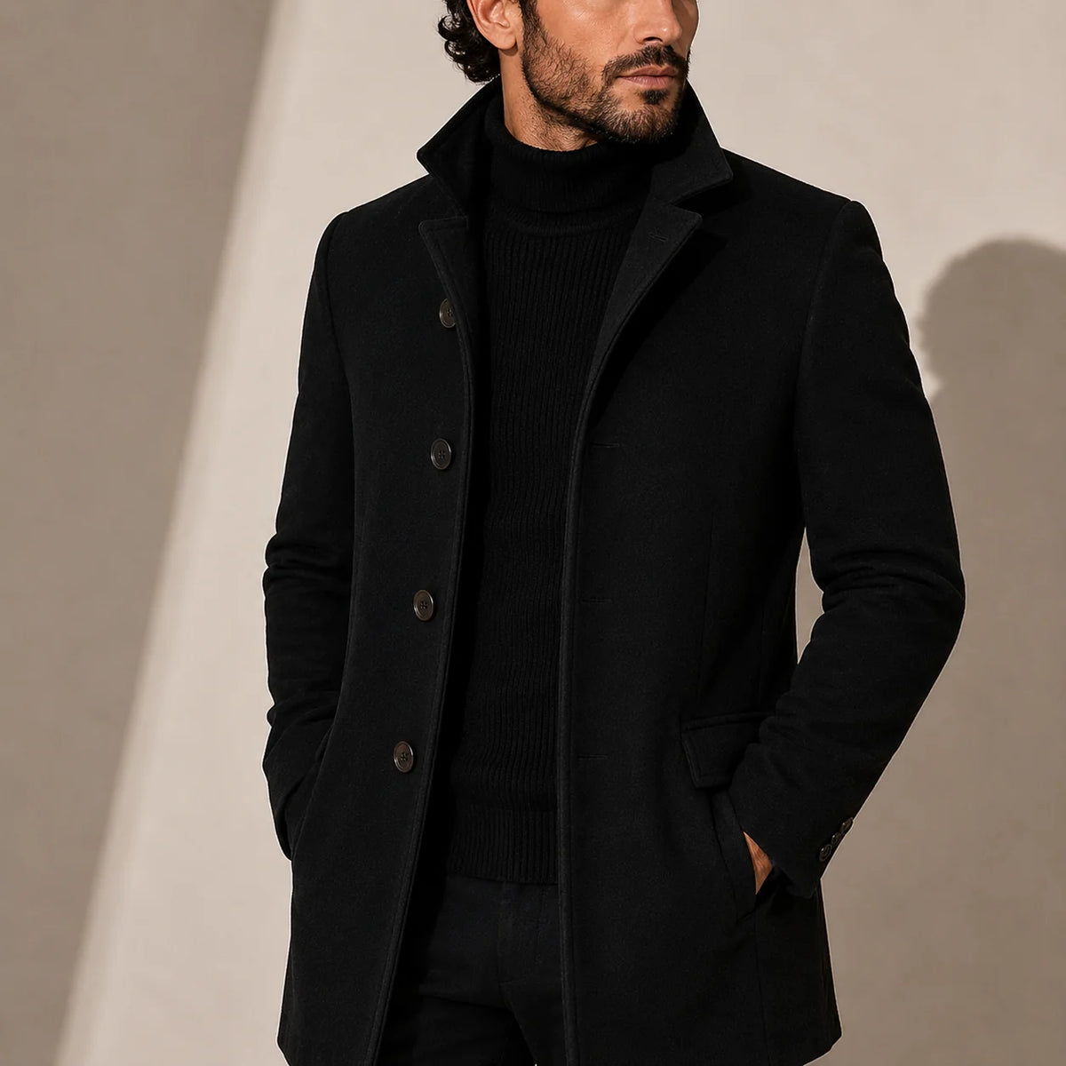 Tailored Stand Collar Coat – Black