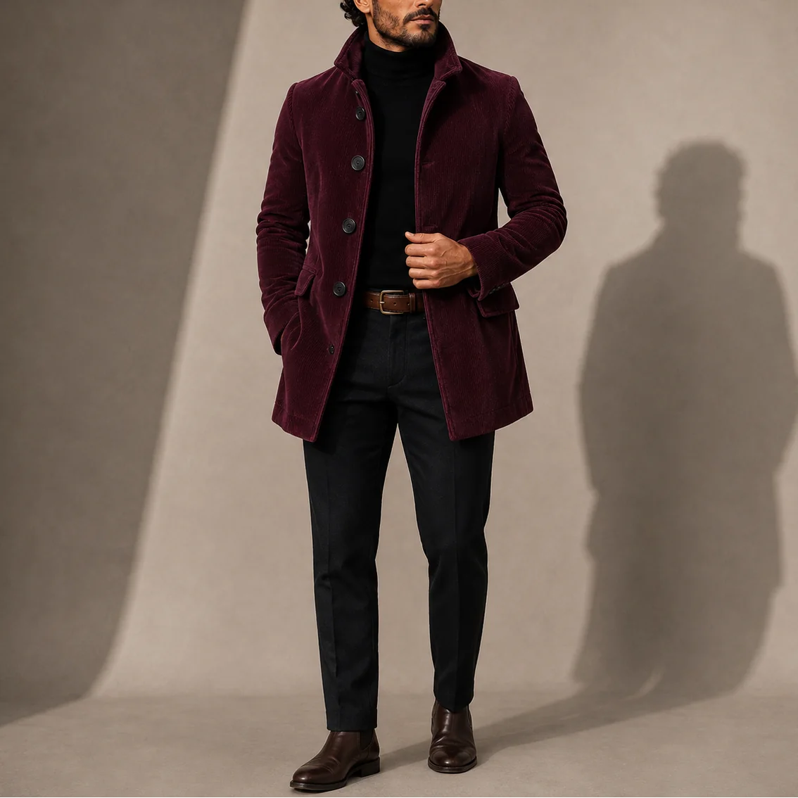 Tailored Stand Collar Coat – Burgundy