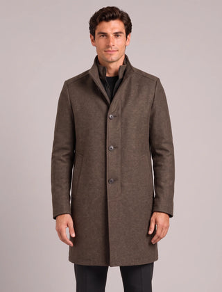 Stand Collar Wool Blend Overcoat – Brown