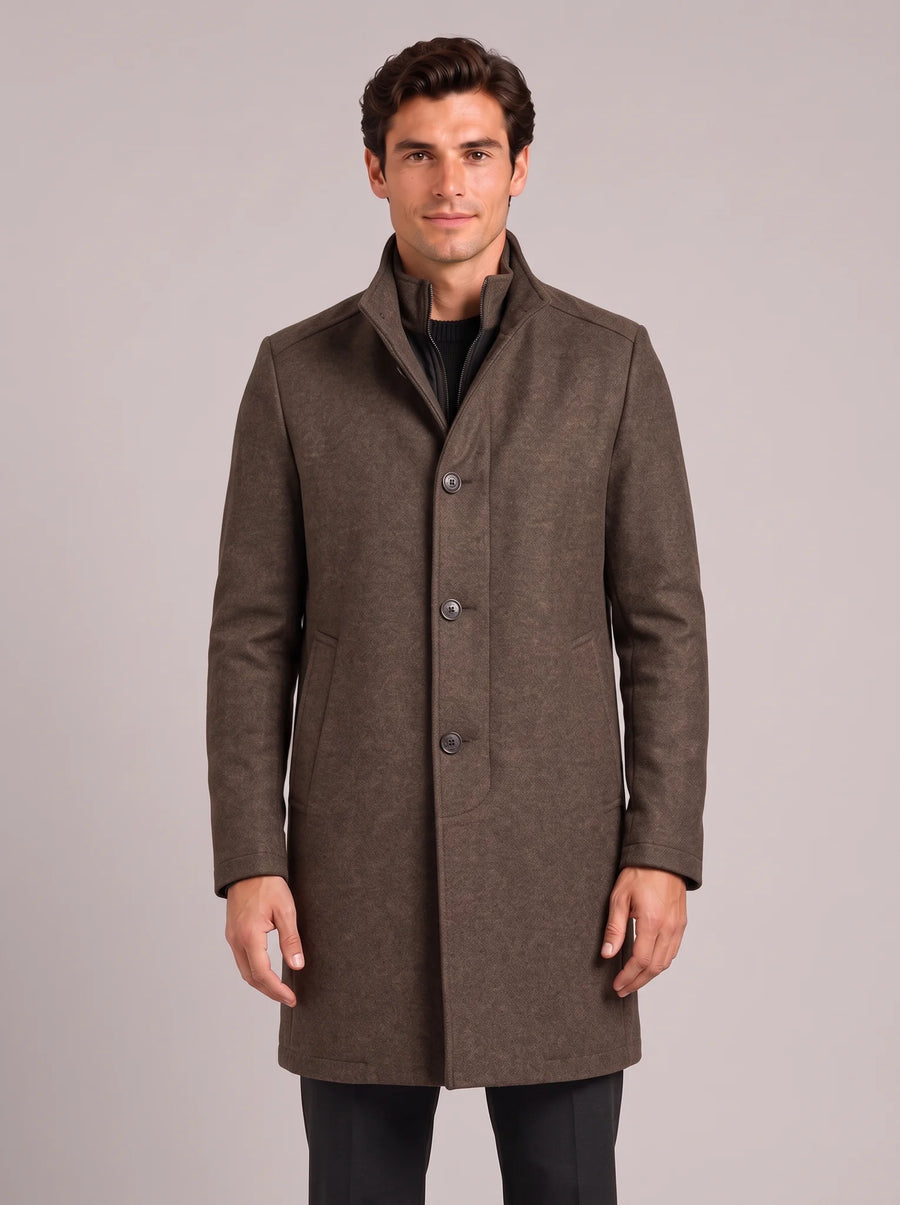 Stand Collar Wool Blend Overcoat – Brown