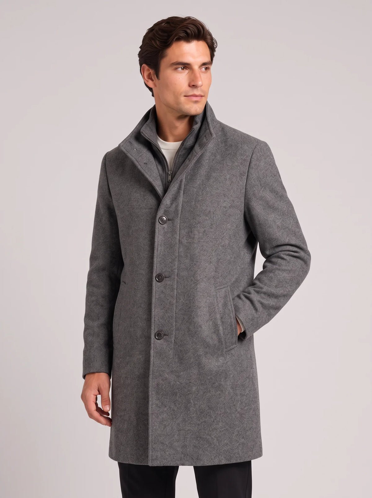 Stand Collar Wool Blend Overcoat – Grey