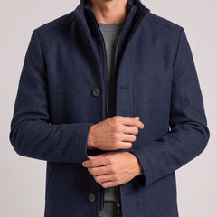 Stand Collar Wool Blend Overcoat – Navy Blue