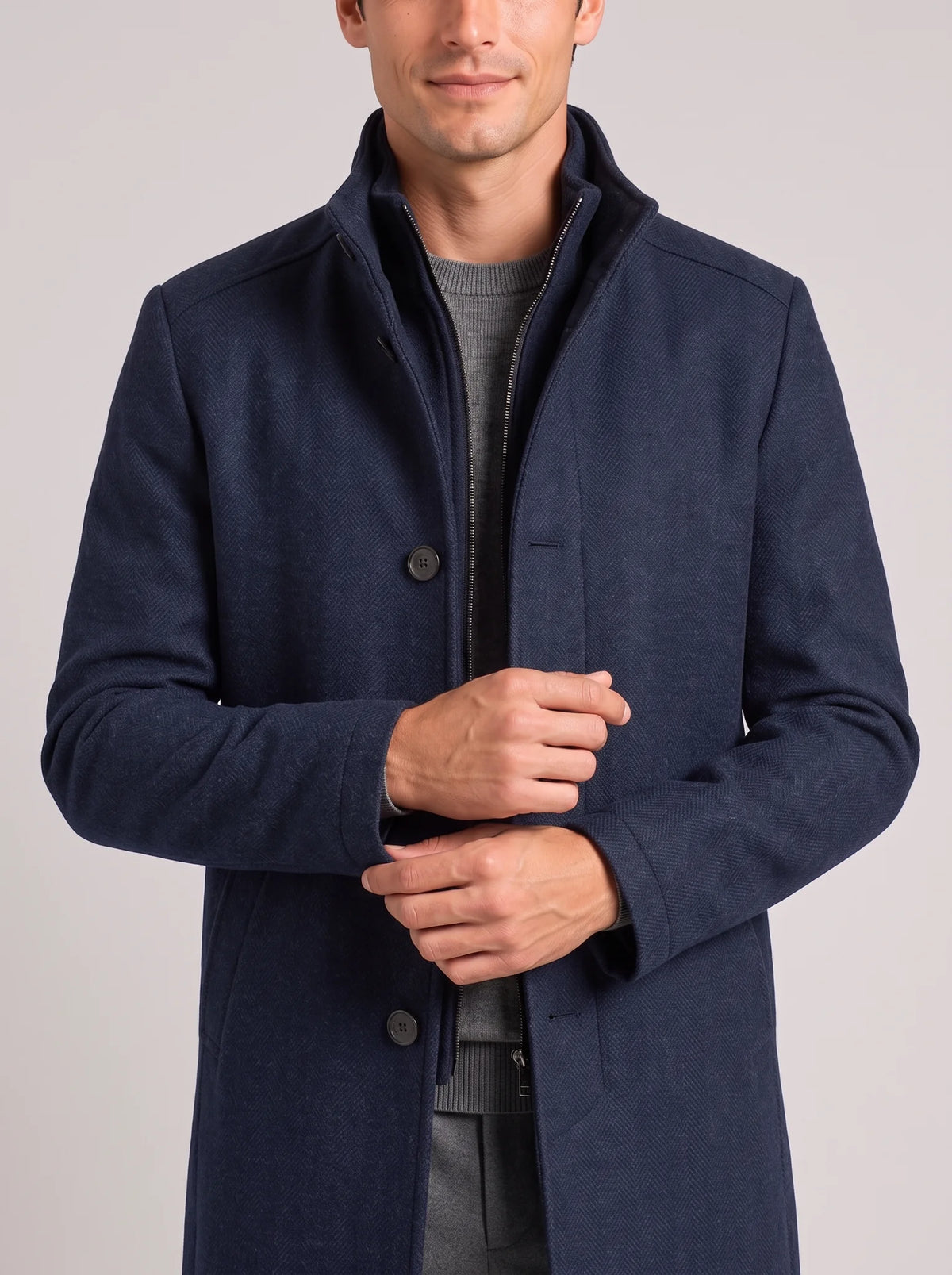 Stand Collar Wool Blend Overcoat – Navy Blue