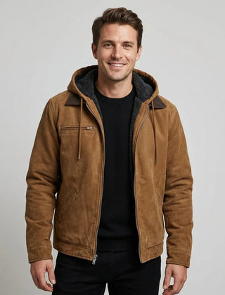 Hooded Suede-Look Bomber Jacket – Brown