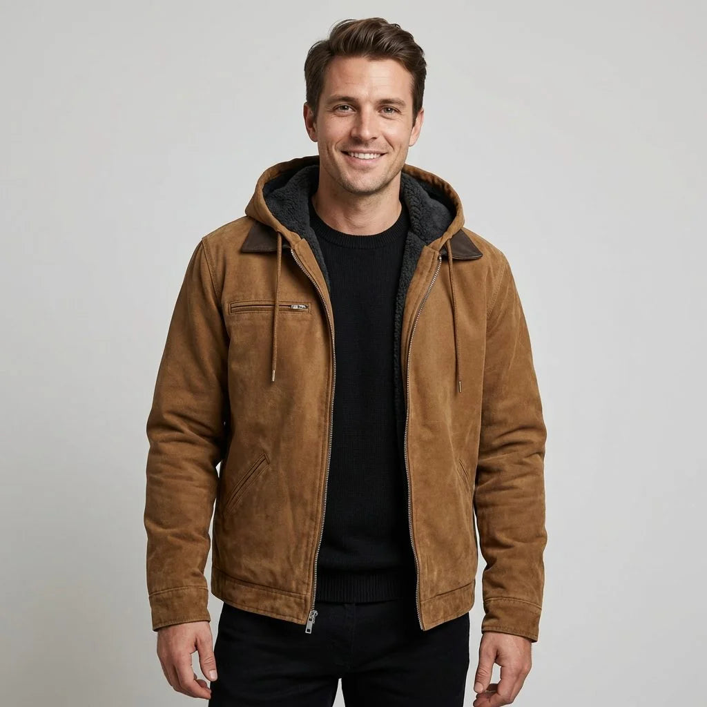 Hooded Suede-Look Bomber Jacket – Brown