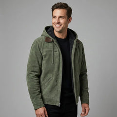 Hooded Suede-Look Bomber Jacket – Olive Green