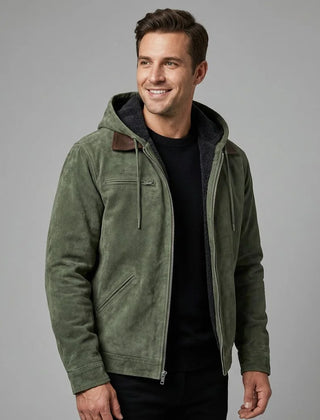 Hooded Suede-Look Bomber Jacket – Olive Green