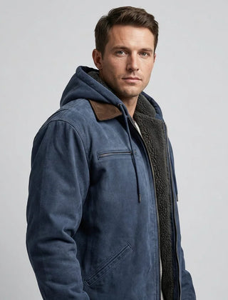 Hooded Suede-Look Bomber Jacket – Blue