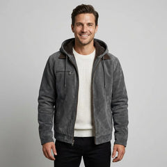 Hooded Suede-Look Bomber Jacket – Grey
