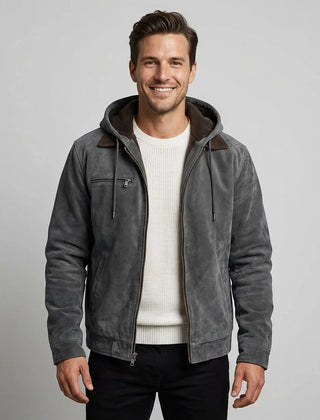Hooded Suede-Look Bomber Jacket – Grey