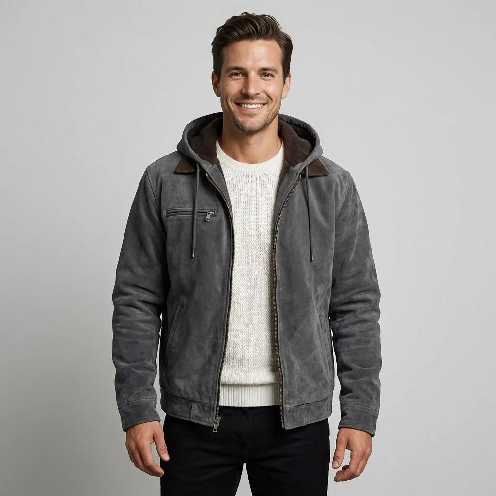 Hooded Suede-Look Bomber Jacket – Grey