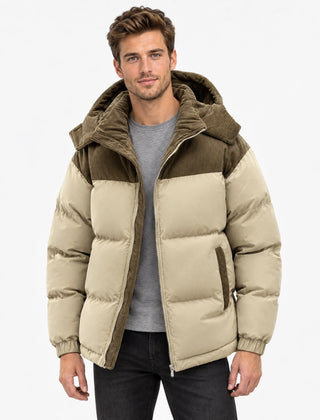Hooded Corduroy Puffer Jacket – Beige