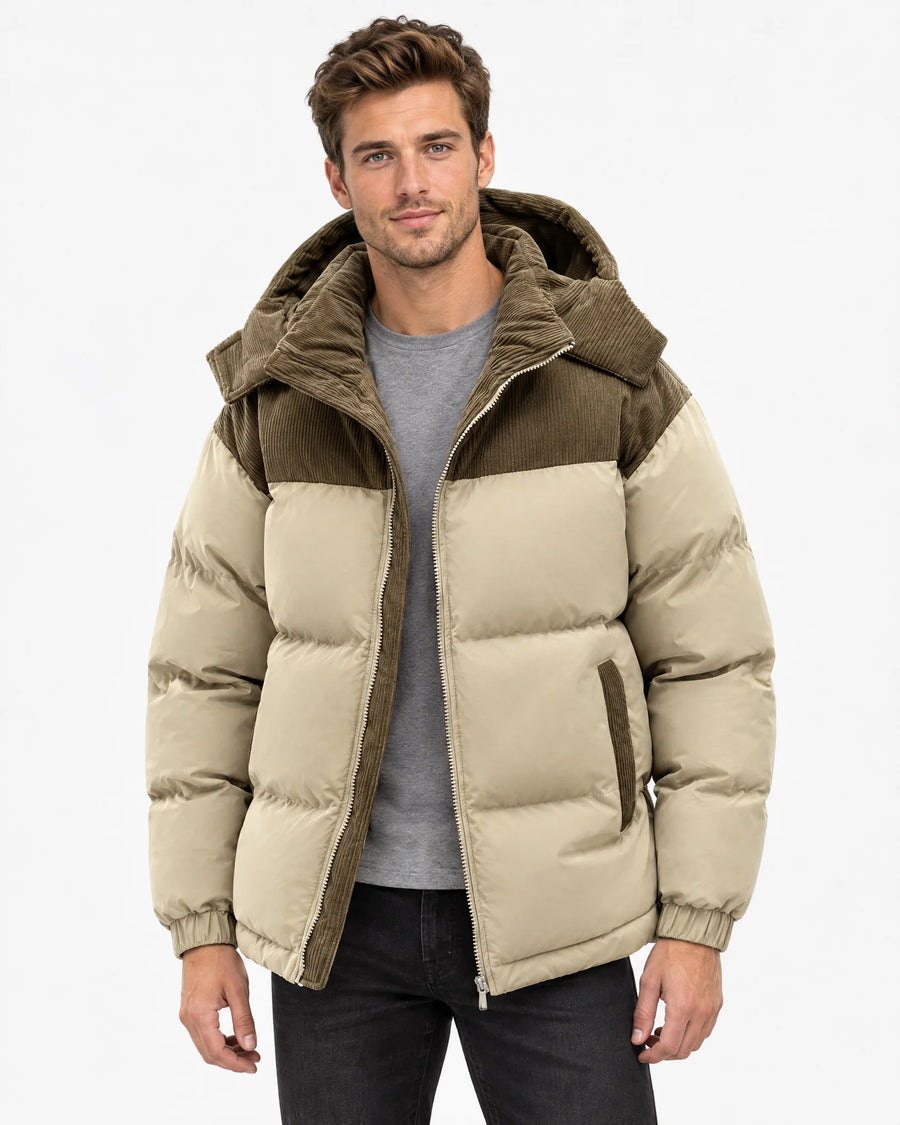 Hooded Corduroy Puffer Jacket – Beige