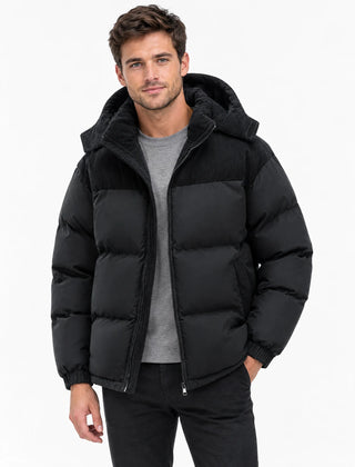 Hooded Corduroy Puffer Jacket – Black