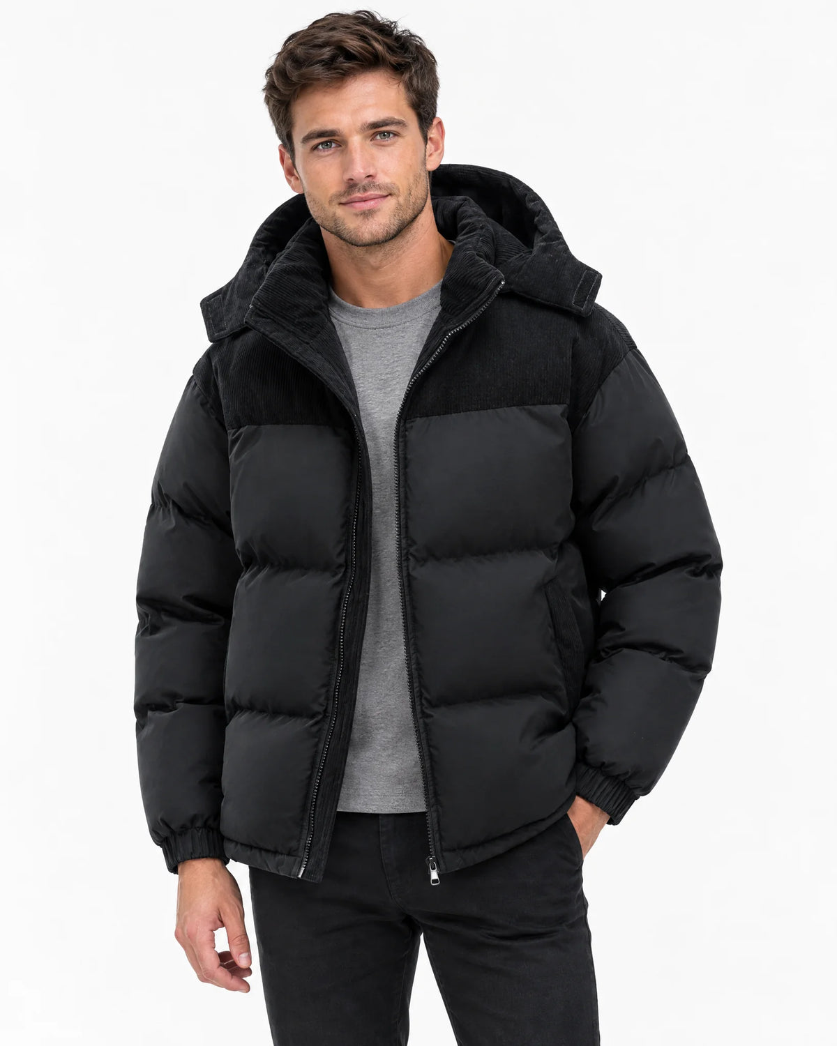 Hooded Corduroy Puffer Jacket – Black