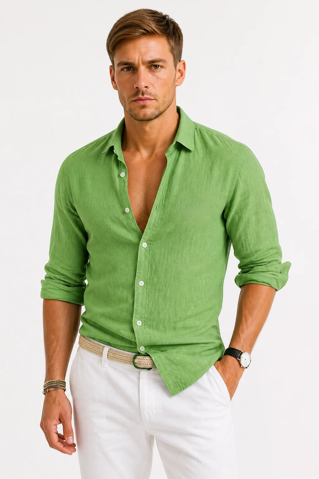Linen Button-Down Shirt – Green