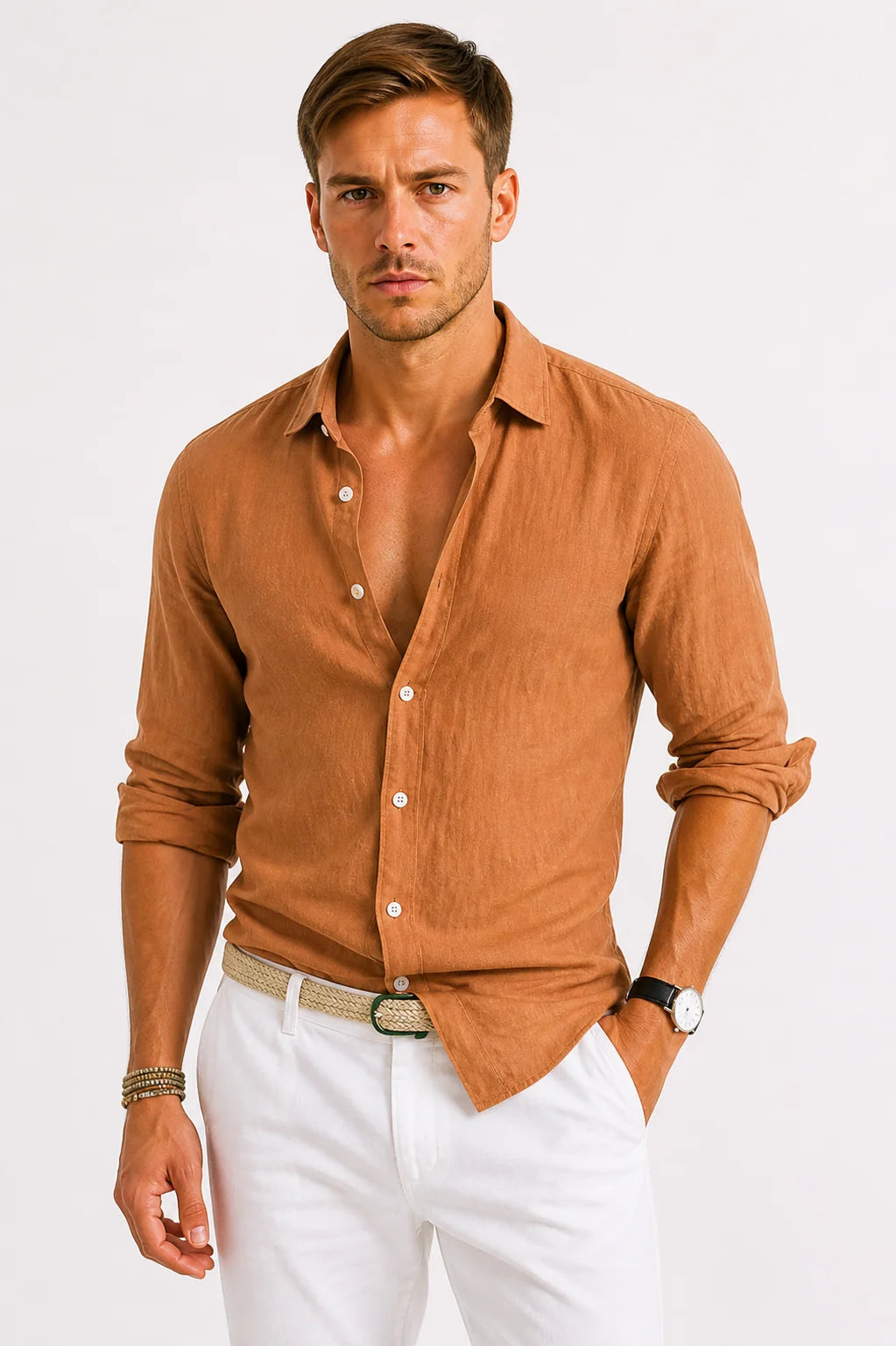 Linen Button-Down Shirt – Rust