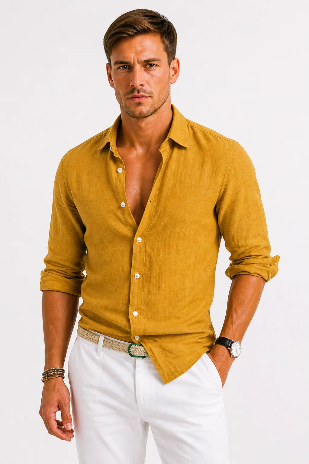 Linen Button-Down Shirt – Mustard