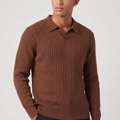 Ribbed Long Sleeve Polo – Brown