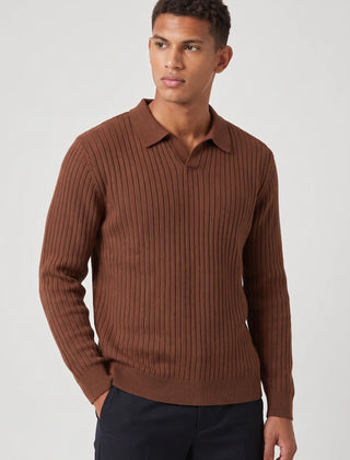 Ribbed Long Sleeve Polo – Brown