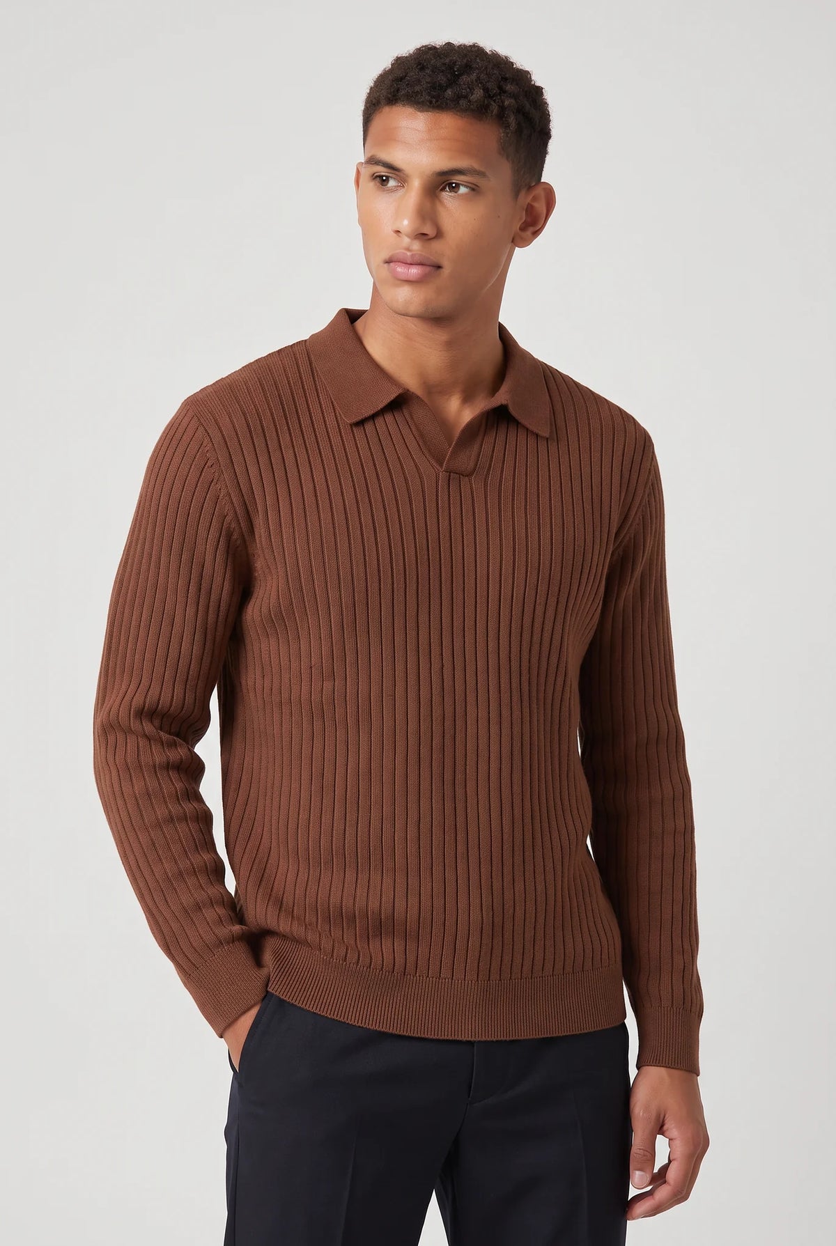 Ribbed Long Sleeve Polo – Brown