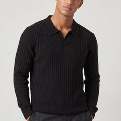 Ribbed Long Sleeve Polo – Black