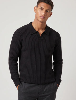 Ribbed Long Sleeve Polo – Black
