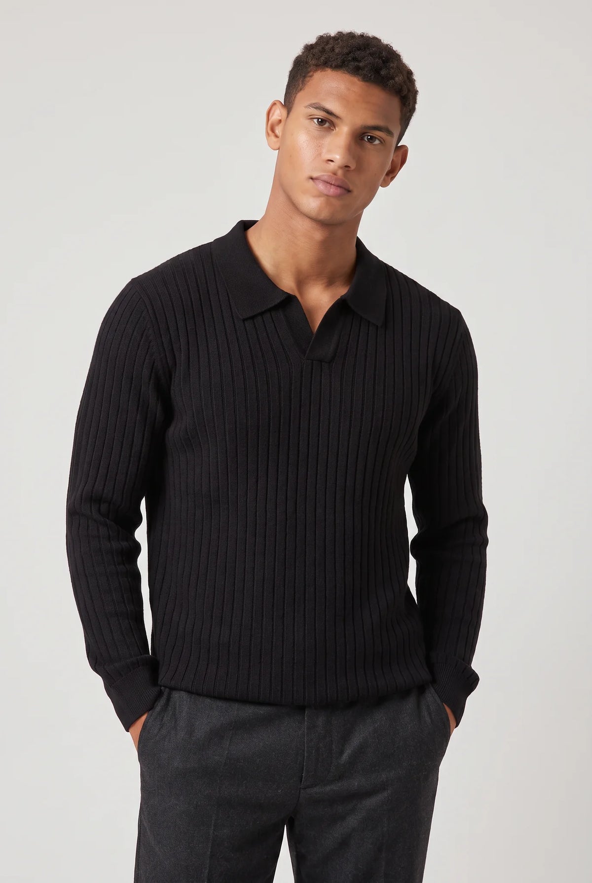 Ribbed Long Sleeve Polo – Black