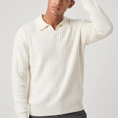 Ribbed Long Sleeve Polo – White