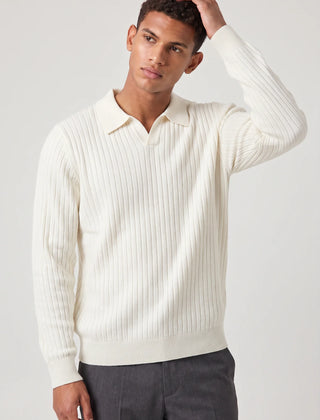Ribbed Long Sleeve Polo – White